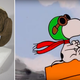 A la izquierda, el gorro de Snoopy que llevó Buzz Aldrin en la misión Apollo 11. A la derecha, Snoopy.